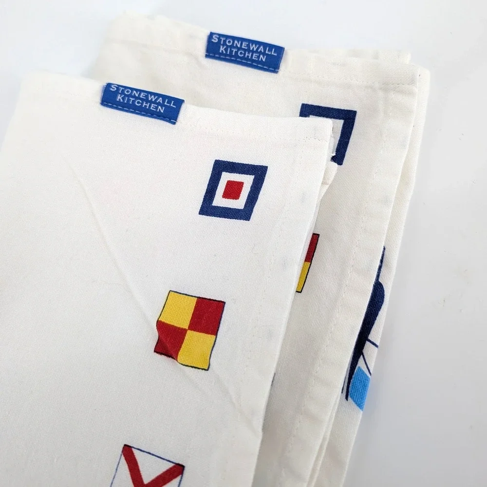 Nautical Sailboat Tea Towels Stonewall Bon Voyage Flags Set of 2 White 18x28